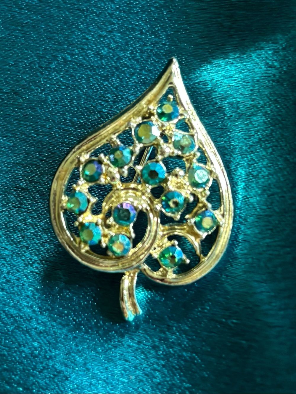 Gold Leaf Brooch with Aurora Borealis Accents - Women Jewelry